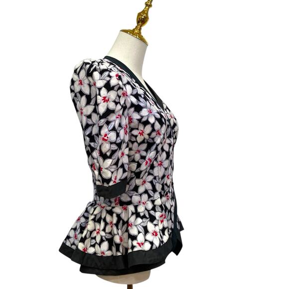 Vintage 80s Jessica Howard Black & Red Floral Peplum Statement Jacket size 8 - Picture 3 of 12